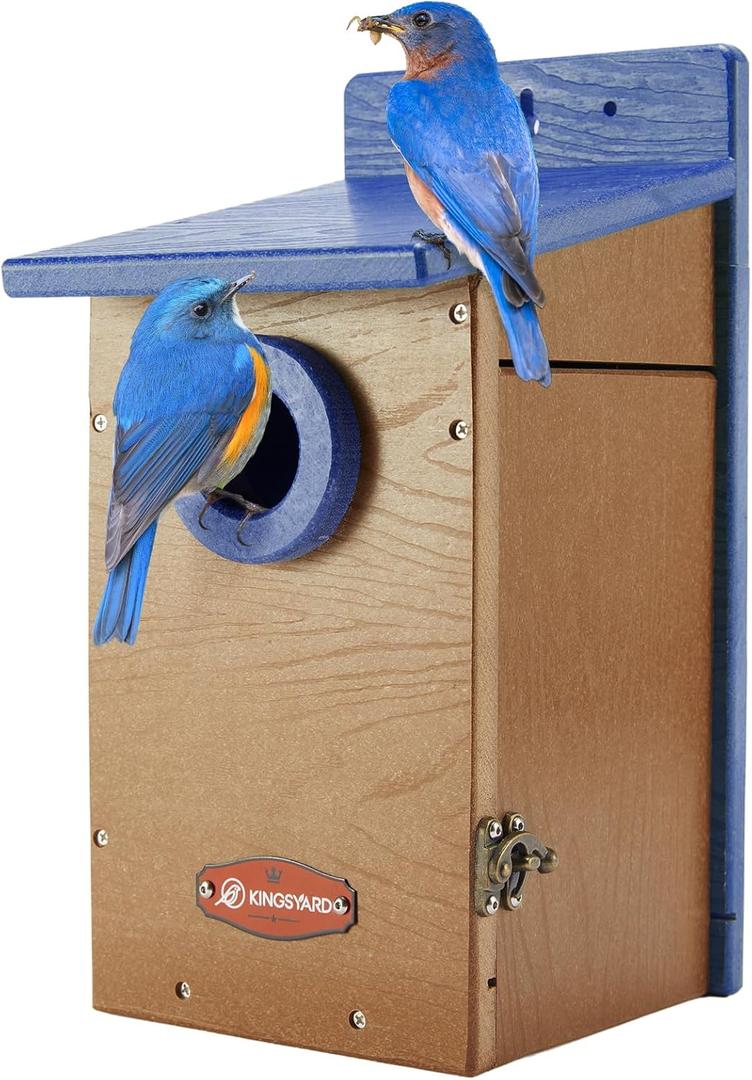 Kingsyard Recycled Plastic Bird House for Outdoor - Durable Nesting Box with Clear View Panel & Predator Guard for Bluebird Wren Swallow Finch, Blue & Brown