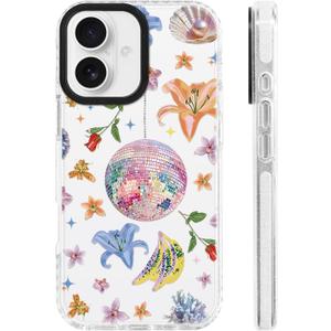 for iPhone 16 Case [Military-Grade Drop Protection/Whimsical Soft TPU Protective/Camera Protection/for Women & Girls]-Glam Disco Floral Collage Art