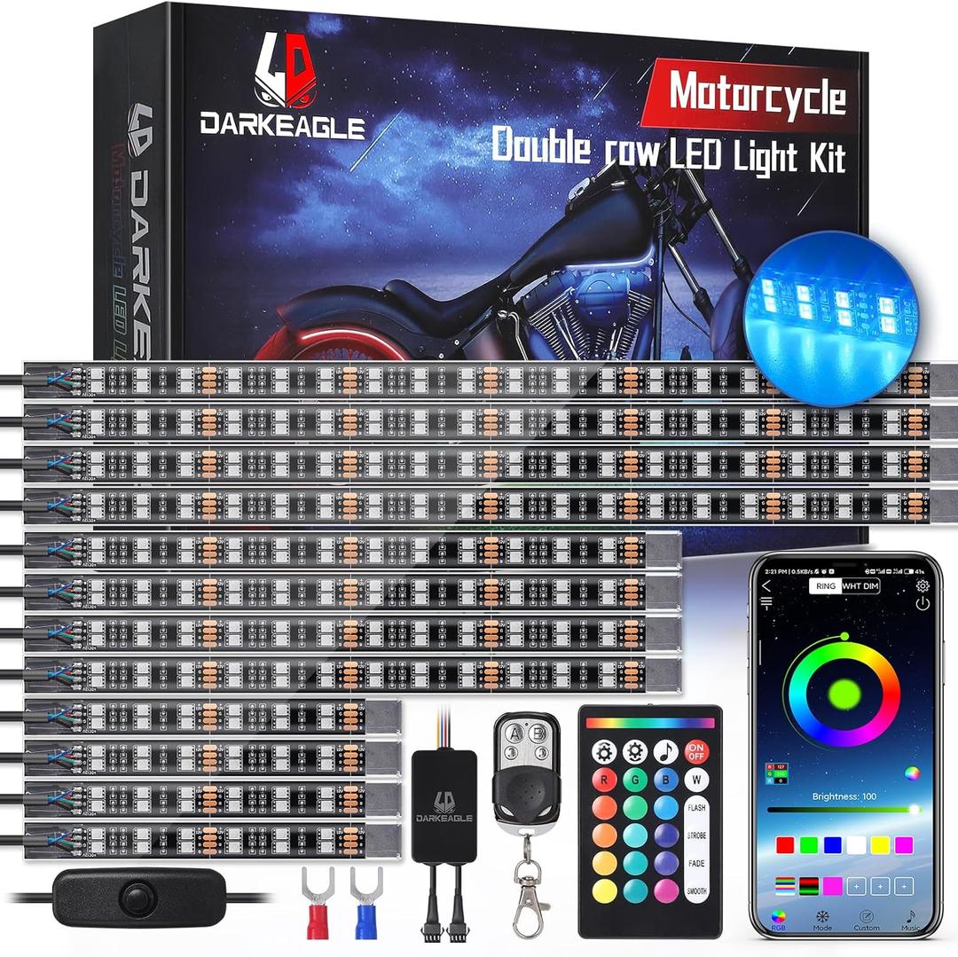 12PCS Double Row Motorcycle RGB LED Light Kits with Brake Turn Signal, Super bright Underglow Light with APP/RF Remote, Neon Accent Waterproof 12V for Sport Bike, Cruiser, Street & Off-Road Motorcycle