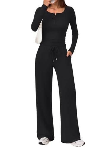 Trendy Queen Women's 2 Piece Matching Lounge Sets Fall Fashion Outfits Henley Neck Sweater Top Wide Leg Pants Sweat Suits M