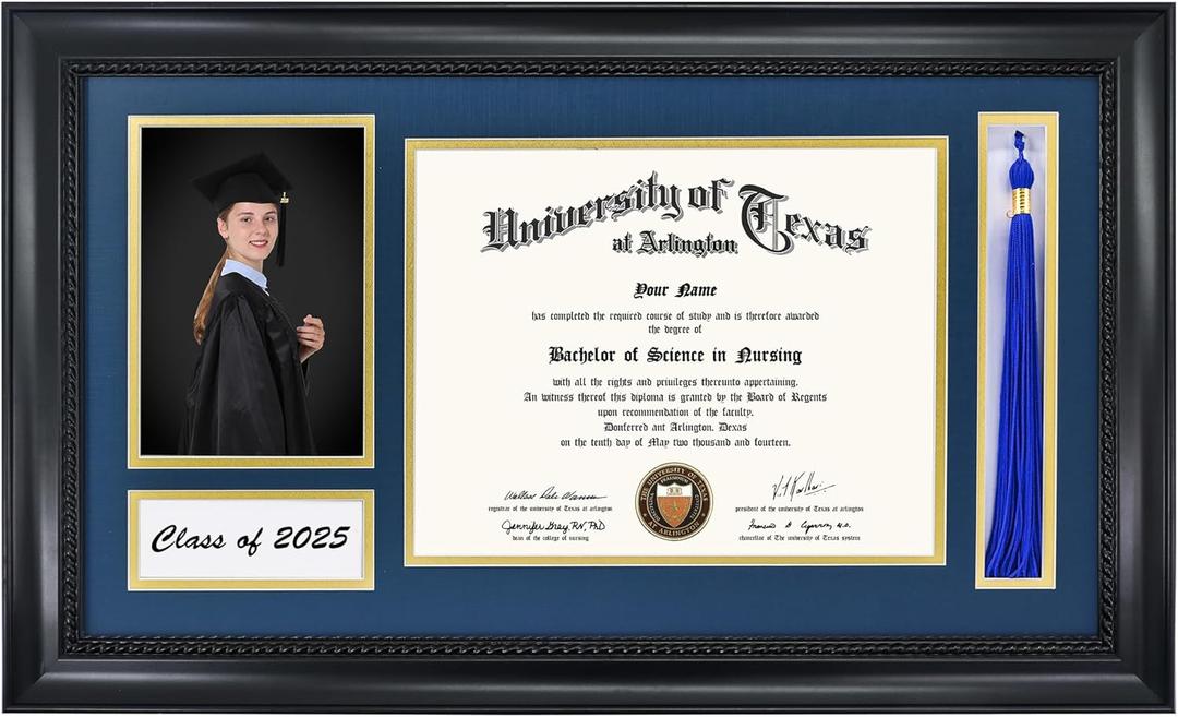 GMFrames Class of 2025 2026 Diploma Frame with Tassel Holder for 8.5x11 Certificate and 5x7 Photo,Solid Wood,Tempered Glass,Navy over Gold Mat