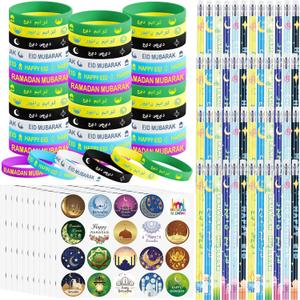 496 Pcs Ramadan Gifts Eid Ramadan Pencil Wristband Sticker Set Including 48 Pencil 48 Wristband 400 Sticker for Mubarak Party Decorations Gifts(Cute)