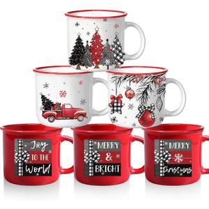 Pickmesh Christmas Coffee Mug Set of 6 Holiday Coffee Cups with Red, Black & White Buffalo Plaid Designs, Snowflakes, Ornaments, and Festive Sayings  12 oz Ceramic Cups for Hot Cocoa, Tea