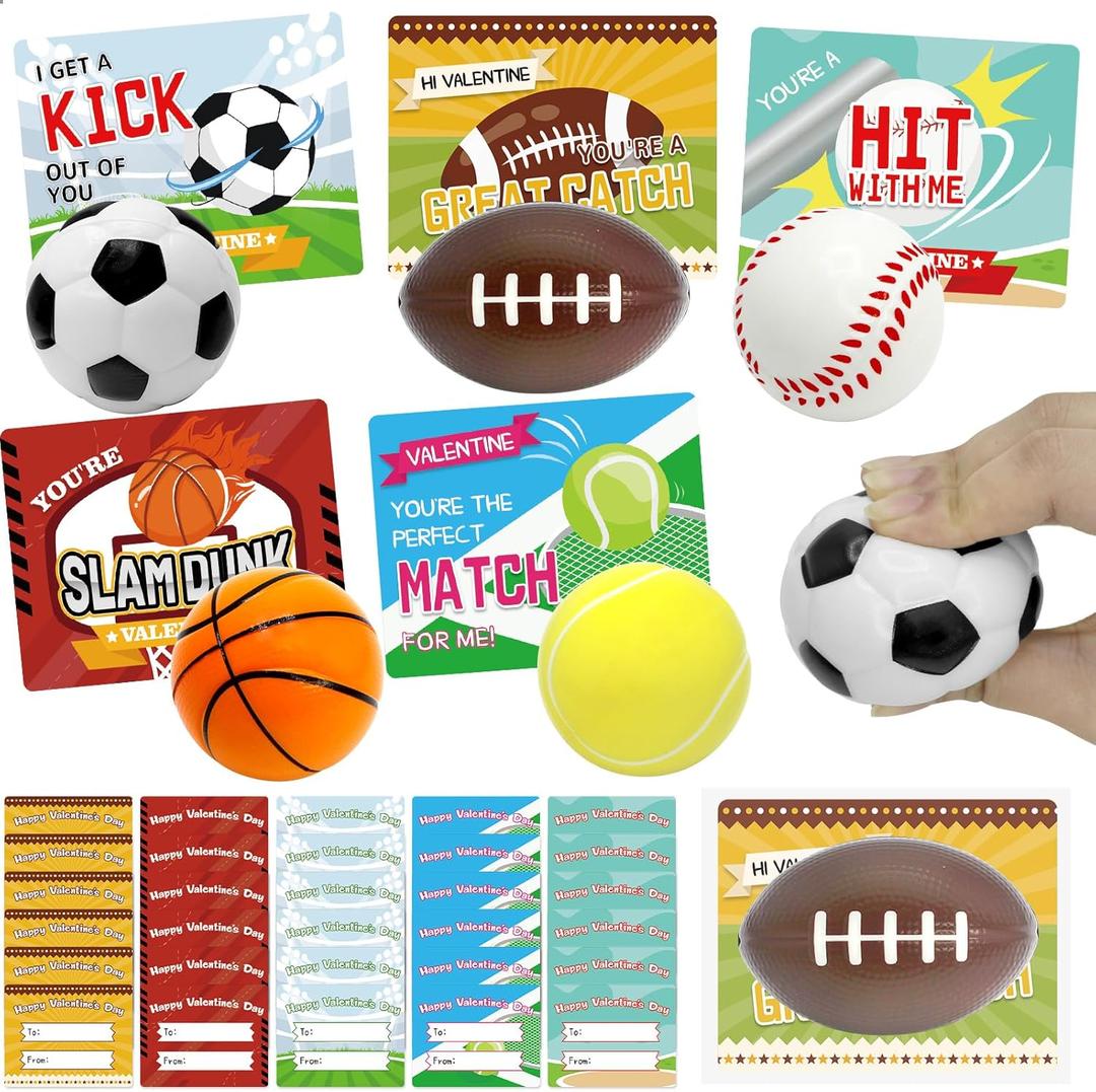 30Pcs Valentine's Day Cards With Mini Sports Stress Balls Kits for kids, Valentine's Gifts for Kid Classroom Exchange Prizes, Valentines Party Favor Supplies