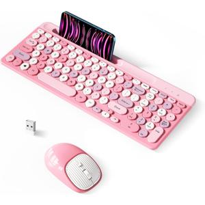 Retro Wireless Keyboard with Round Keycaps, 2.4GHz Full-Size USB Cute Wireless Keyboard Mouse for Computer, Desktop, Laptop and Computer (Pink-Colorful)