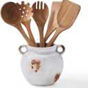 MIYUKI Rustic Kitchen Utensil Holder, Vintage Ceramic Utensil Crock with Handle, Antiquing Kitchen Countertop Organizer