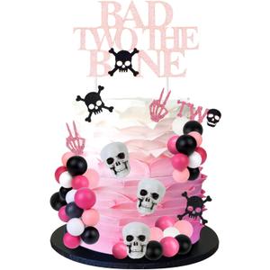 Bad Two the Bone Cake Decorations for Girls Pink - Gothic Skeleton Skull Ball Cake Cupcake Toppers Ball Dessert Picks, Two Years Old Rose Gold Cake Supplies