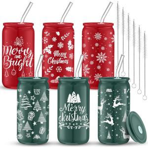 Jingmore 6 Pack 16 oz Christmas Gifts Bulk Glass Cups with Lids and Straws Red and Green Snowflake Elk Star Christmas Tree Drinking Glass Cups Iced Coffee Hot Cold Drinks for Xmas Party Supplies