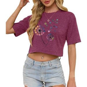 Womens Crop Tops Cute USA Graphic Tees Casual Rock Band Cropped T-Shirts Summer Beach Clothes Teen Girls (Purple, XL)