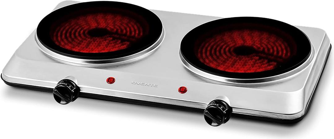 OVENTE Countertop Infrared Double Burner, 1500W Electric Hot Plate and Portable Stove with 7.5” Ceramic Glass Cooktop, 6 Level Temperature Setting and Easy to Clean Base, Silver BGI202S