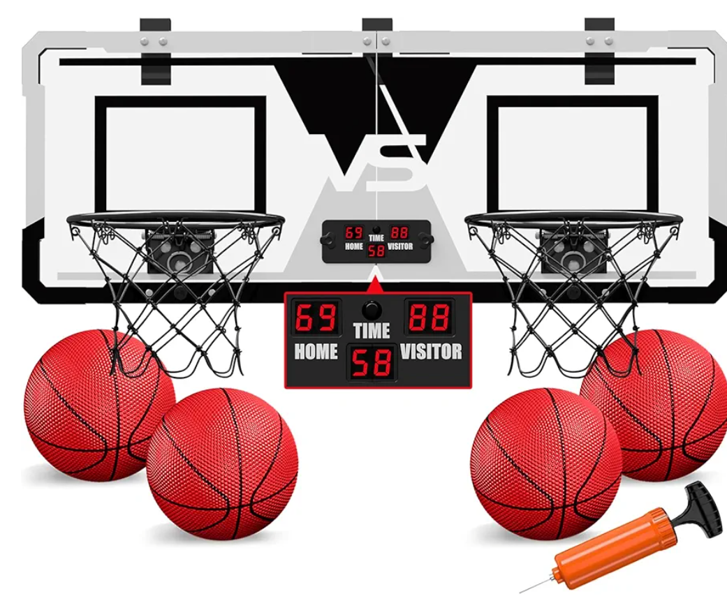 2 Player Basketball Game, Dual Shot Over The Door Mini Basketball Hoop Indoor with Scoreboard, Basketball Toy Gifts for Kids Boys Girls Adults, Suit for Bedroom/Office/Outdoor/Pool, Black