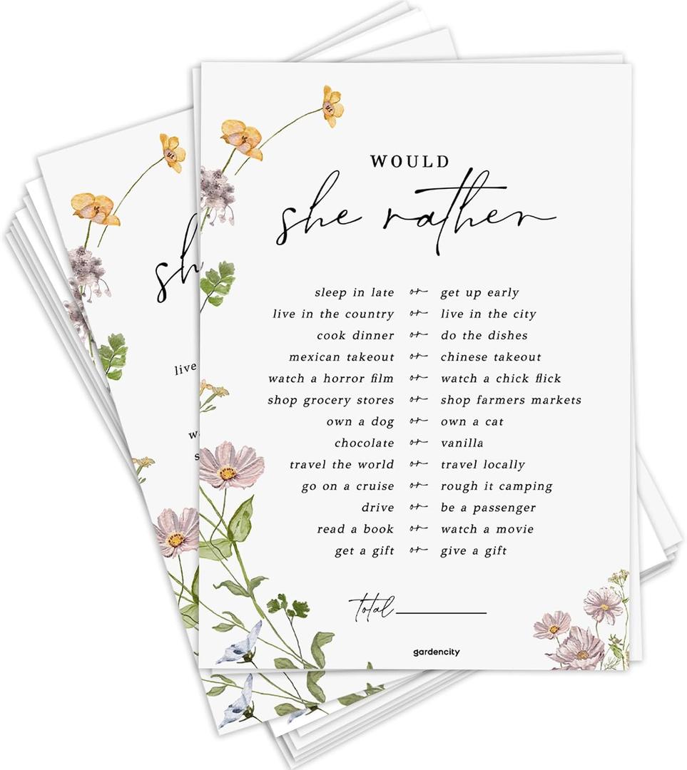 GardenCity Would She Rather, Bridal Shower Games, Baby Shower Games, 50 Cards, Wildflower