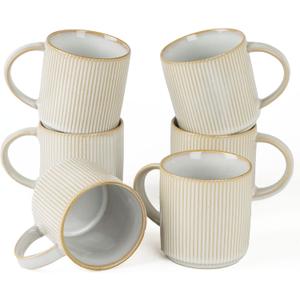 famiware Coffee Mug Set for 6, Star 12 oz Catering Mugs Cup Set with Handle for Coffee, Tea, Cocoa, Milk - Ceramic Stoneware Drinkware Set, Cappuccino White