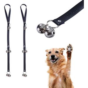 Leather Dog Doorbells for Door Knob, Adjustable Brass Potty Training Bells for Puppy to Go Outside, Easy Dog Door Bell for Potty Training (Black Leather Silver Bells - 2 Pack)