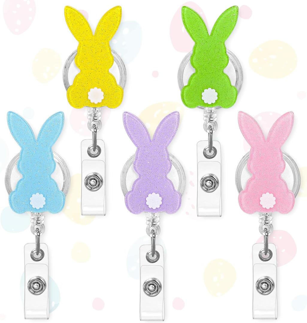 FYSUIMU 10 Pcs Easter Bunny Badge Reels with Clip Retractable Pastel Spring Rabbit ID Badge Holder Glitter Acrylic Name Tag Clips for Teacher Nurse Office Staff