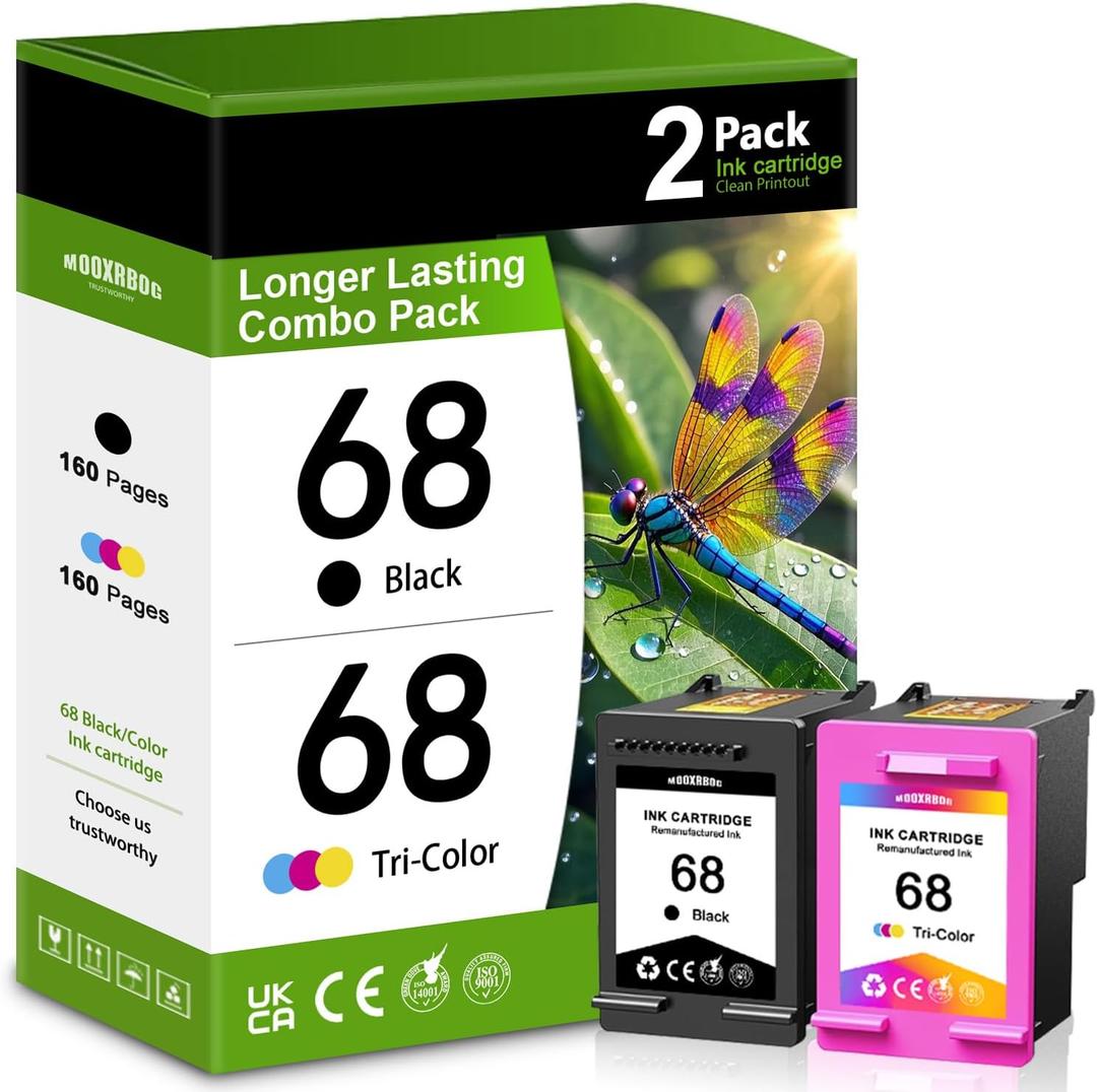 68 Ink Cartridge 2-Pack (1 Black, 1 Tri-Color) Compatible for HP 68 for Envy 6100e, 6500e Series Printers (6152e, 6155e, 6552e, 6555e, 6558e)