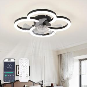 Ceiling Fans with Lights and Remote, Flush Mount Ceiling Fan with Light, 3000-6500K Dimmable Modern LED Ceiling Fans, 6 Wind Speeds, Low Profile Small Ceiling Fan for Bedroom, Kitchen, Office (18 inch, Matte Black)