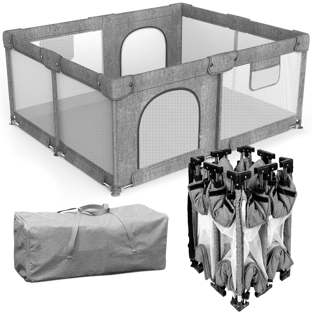 Dearlomum Foldable Baby Playpen with Gate, Extra Large Collapsible Play Yard for Babies & Toddlers, Portable Travel Playpen, Baby Activity Center for Indoor & Outdoor Use (Gray 59"71")