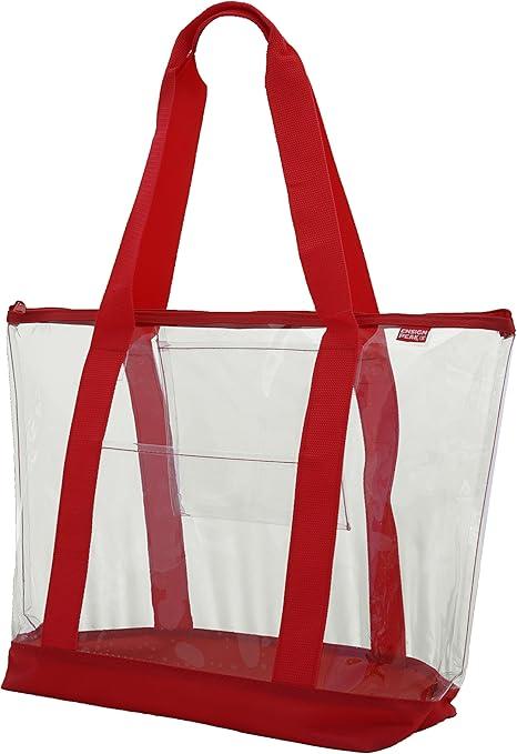 Clear ZIPPER tote with color trim and bottom, Red trim, Pack of 4