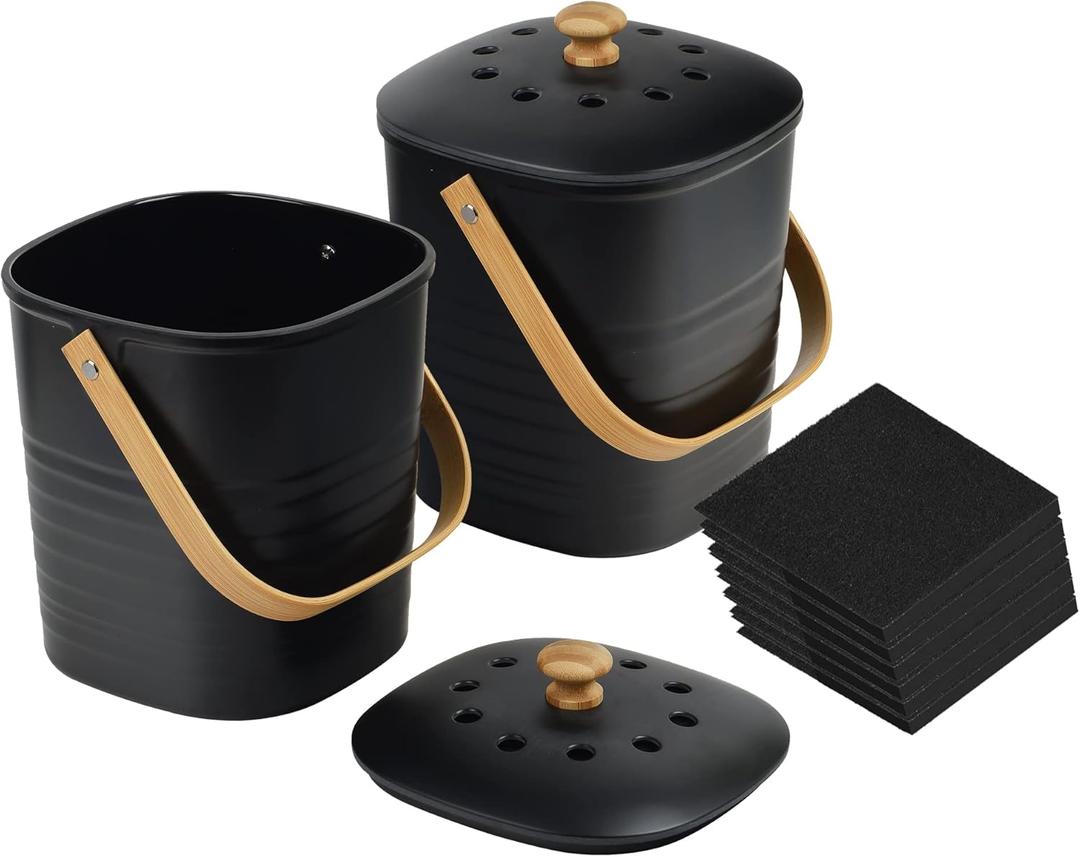 Impresa [2 Pack] Bamboo Compost Bin for Kitchen - Holds 1 Gallon Each - Countertop Compost Bin with Lid - Bamboo Kitchen Composter - Indoor Compost Bin for Food Waste