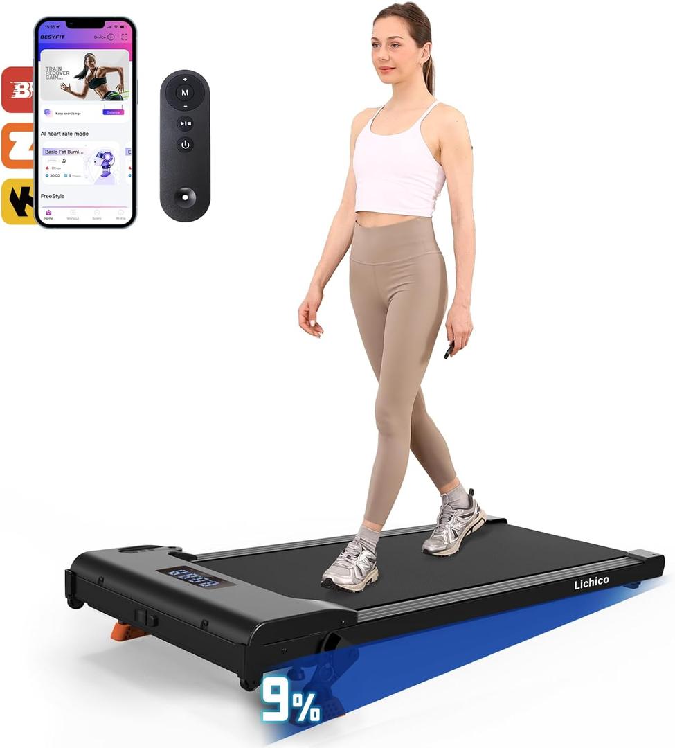 Lichico Walking Pad Under Desk TreadmillPortable Small Treadmills for Home and OfficeSuper Quiet Brushless Motorized Walking Jogging Running Machine with Remote Control (Iron Black)