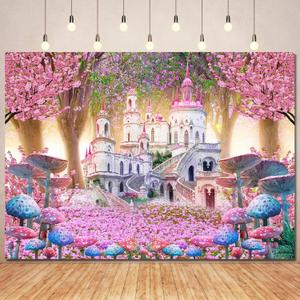 Princess Castle Backdrop for Girls Fairy Tale Birthday Decorations Pink Sakura Flower Wonderland Forest Castle Photography Background Women Bday Wedding Party Banner Photo Booth Supplies 7x5ft