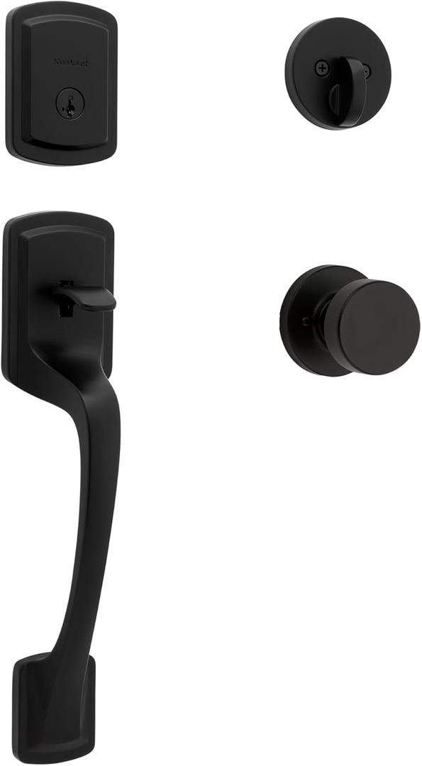 Kwikset Prague Front Door Lock Handle and Deadbolt Set, Entry Handleset Exterior with Interior Door Knob, Matte Black, Pick Resistant SmartKey Rekey Deadbolt Security, 98180-026