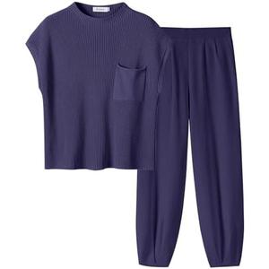 ANRABESS Women Two Piece Outfits Summer Sweater Vest Crop Top Pants Lounge Matching Set Travel Airport Beach Vacation Clothes, XXL