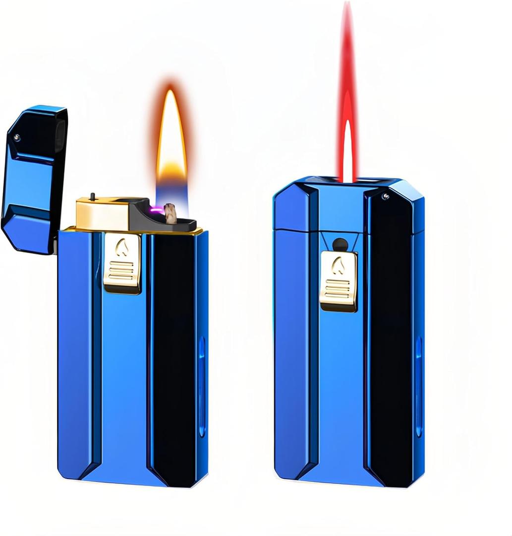 Smart Dual-Fuel Dual-Flame Lighter, Windproof Red Butane Torch & Kerosene Soft Flame, Arc Induction Ignition, Multiple Ignition Modes, Refillable & Rechargeable Lighters (Fuel Not Included) (Navy)