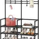 Laiensia 5-Tier Entryway Coat Rack, Coat and Shoe Rack, Entryway Bench Storage Organizer with 8 Hooks for Bedroom, Hallway, Office, Black