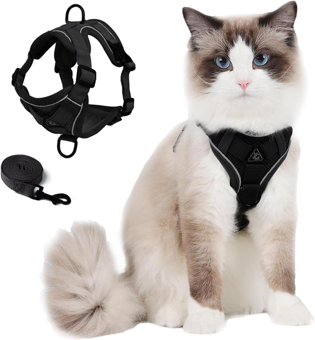 Cat Harness and Leash Set: Upgraded Escape Proof Vest with Lead for Large Cat Small Dog Puppy Walking, Soft Jacket Reflective Strips, Black (L)