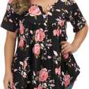 Gocolloa Womens Plus Size Tops Tunic Short Sleeve V Neck Floral Print Shirts Summer Casual Loose Blouse (Black, XXXL)