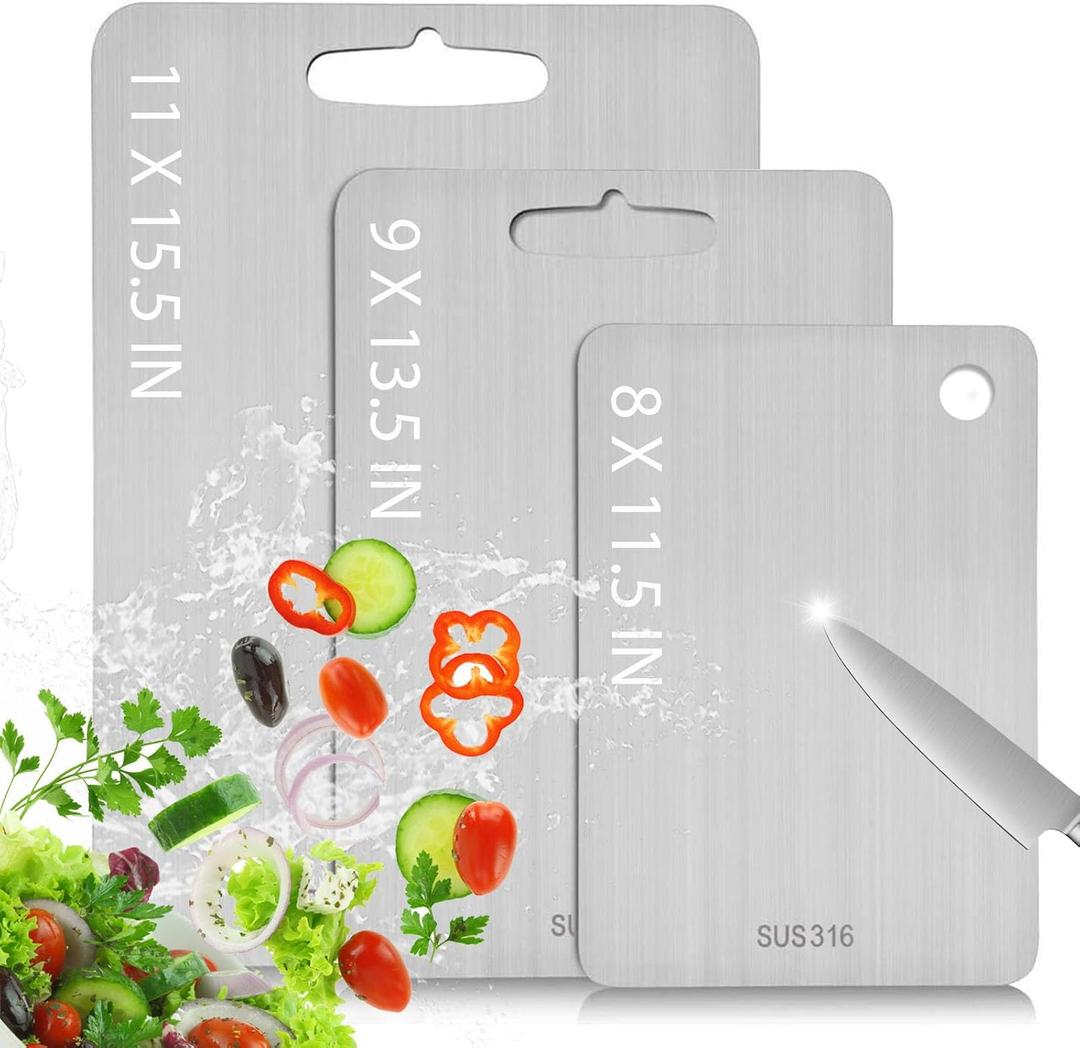 Stainless Steel Cutting Board for Kitchen, 316 Medical Grade Double Sided Non Toxic & Non Moldy, Dishwasher Safe Best Gift for Home Cooks/Outdoor Camping, Fit Meat/Vegetable/Fruit (3PC-S+L+XL)