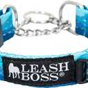 Leash Boss Martingale Collar for Dogs - Steel Chain | Reflective Nylon Dog Collar for Large Dogs, Medium and Small Dogs | No Pull Pet Training Collar Small (Medium-Large (16-19" Neck x 1" Wide), Blue - Wave)