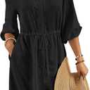 Bsubseach Swimsuit Coverup for Women V Neck Bathing Suit Cover Up with Pocket Drawstring Button Down Beach Shirt Dresses (Black) XXL
