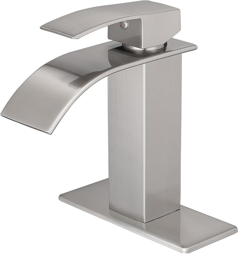 VOTON Bathroom Faucets Brushed Nickel Waterfall Bathroom Sink Faucet Modern Single Handle Bathroom Faucet for 1 or 3 Holes with Deck Plate