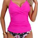 B2prity Women's Ruched Tankini Swimsuits V Neck Wrap Tie Back Two Pieces Bathing Suit Tummy Control Swimwear (Medium, Hot Pink)