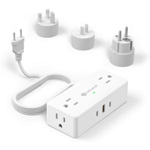 European Travel Plug Adapter, EU/UK/JP Plug Adapter, 4 AC Outlets, 3 USB Ports (2 USB C), 5ft Flat Extension Cord, Compact for Travel