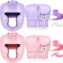 Kanayu 14 Pcs Boxing Gloves and Headgear Set for Beginners Youth 16 Ounce Boxing Gloves Headgear Helmet Hand Wraps Mouth Guards Equipment for Beginners Training Equipment Gifts (Purple, Pink)