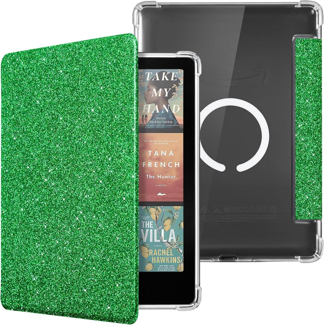 CoBak Magnetic Case for 7" Kindle Paperwhite 12th Gen 2024 and Kindle Colorsoft - Compatible with iPhone MagSafe, for Samsung/Belkin/Anker Wireless Charging Pads, Clear Back Cover, Auto Sleep Wake (Mag Ring Jade Glitter)