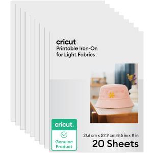 Cricut Printable Iron-On for Light Fabrics, 20 sheets (8.5" x 11") - Print HTV Compatible with Inkjet Printers - For Joy Xtra, Explore, & Maker Machines