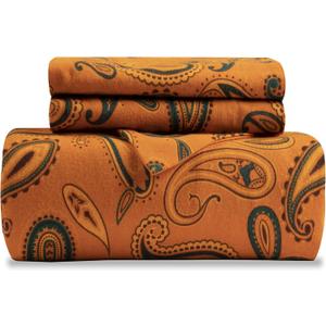 Superior Paisley Flannel Cotton Duvet Cover Set, Warm Fuzzy Comforter Cover, Floral Bedding Essentials, Secure Button Closure, Includes 1 Duvet Cover, 2 Pillow Shams, King/California King, Pumpkin