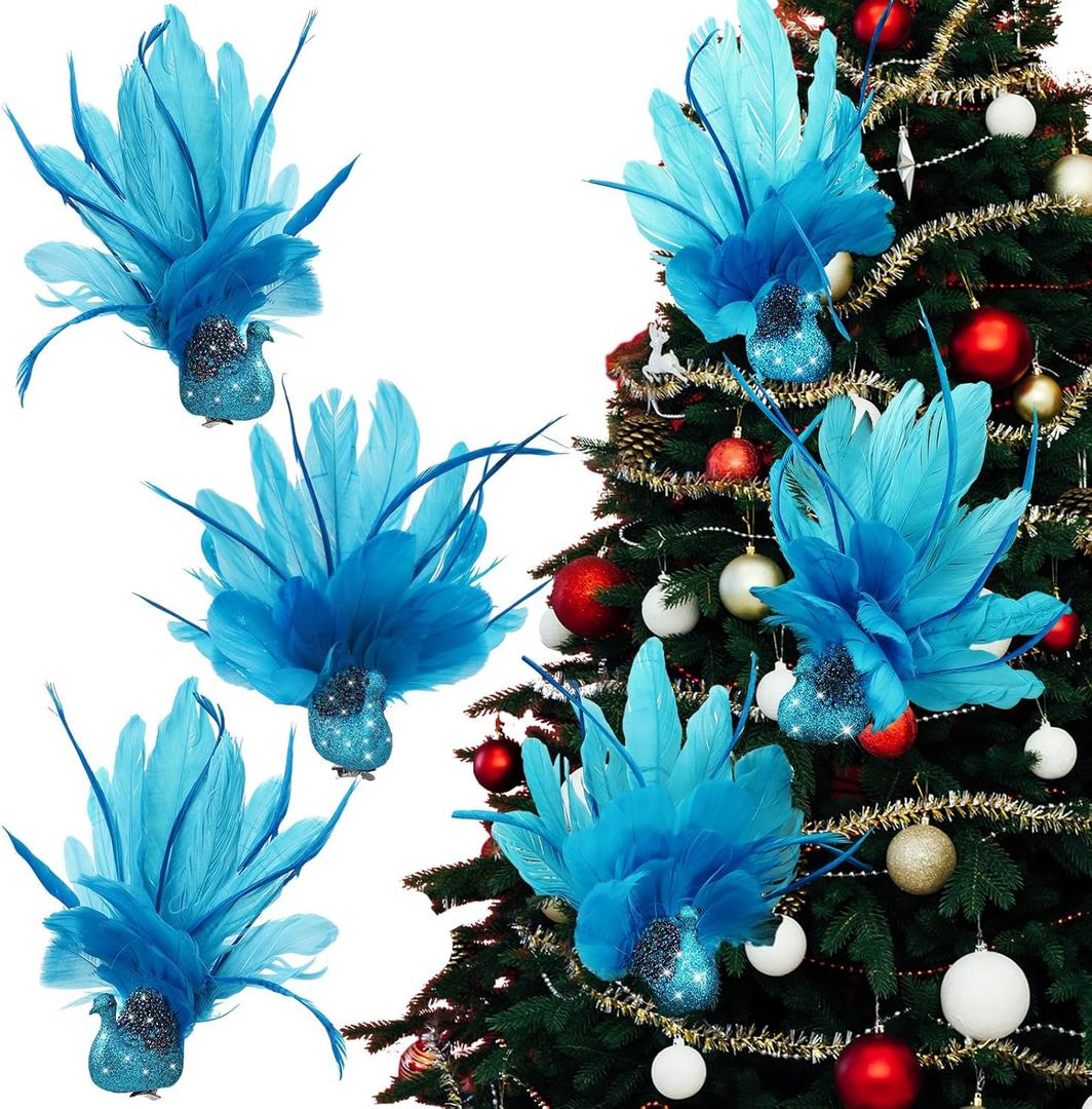 Soaoo 6 Pcs Large Christmas Peacock Tree Ornaments Artificial Glitter Feather Pick Peacock Bird Decorations with Long Tail for Christmas Tree Wreaths Wedding Party Decor