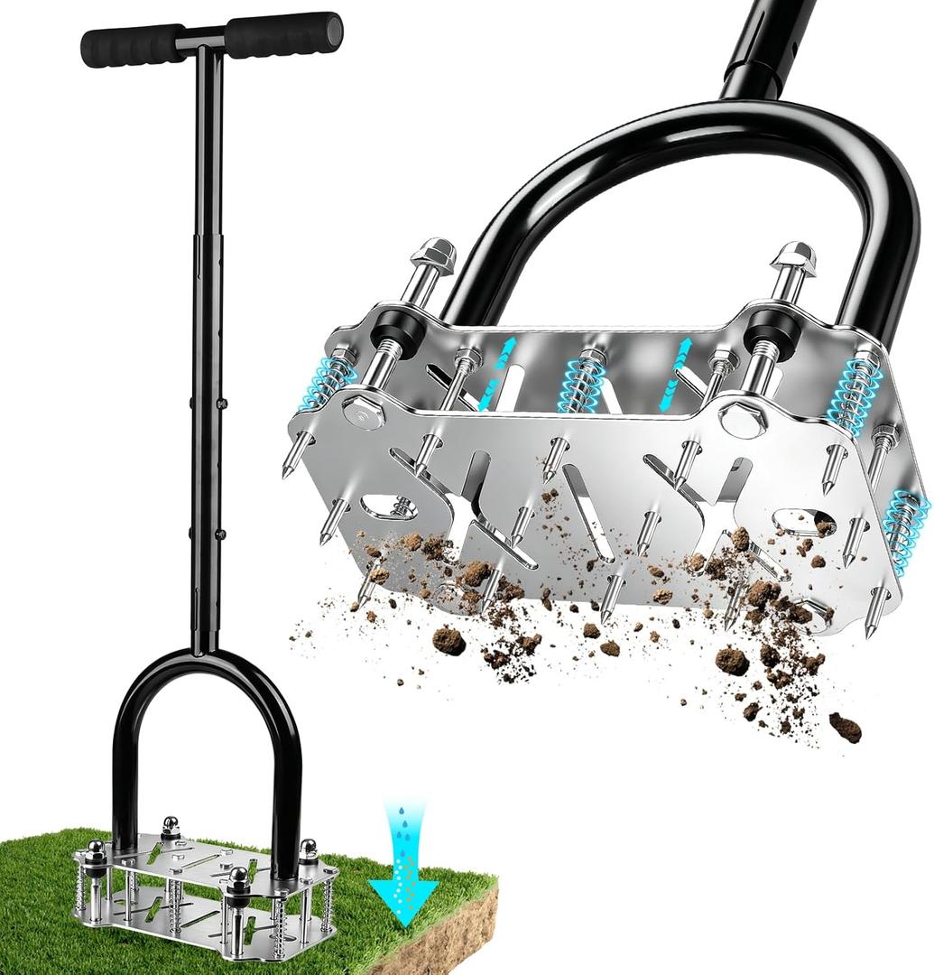 Lawn Core Aerator Tool, Manual Lawn Aerator Tool with Spring-Loaded Automatic Soil Ejection Loosener, Pre-Assembled Stainless Steel Spikes, Dual-Layer Design&Wide Foot Plate for Yard Garden Aeration