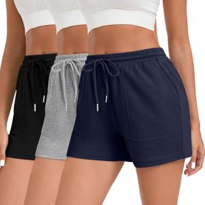 Locoowai 3 Pack Women's Sweat Shorts with Pockets Comfy Lounge High Waist Drawstring Athletic Summer Casual Clothes 2025(Small, Black, Light Gray, Navy Blue)