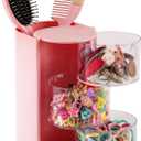 Hair Accessories Organizer for Girls, Kids, Toddler & Women, Rotating Hair Brush Holder with 3-Tier Clear Storage for Hair Clips, Ties, Bows, Scrunchies, Jewelry, Vanity Caddy, Pink