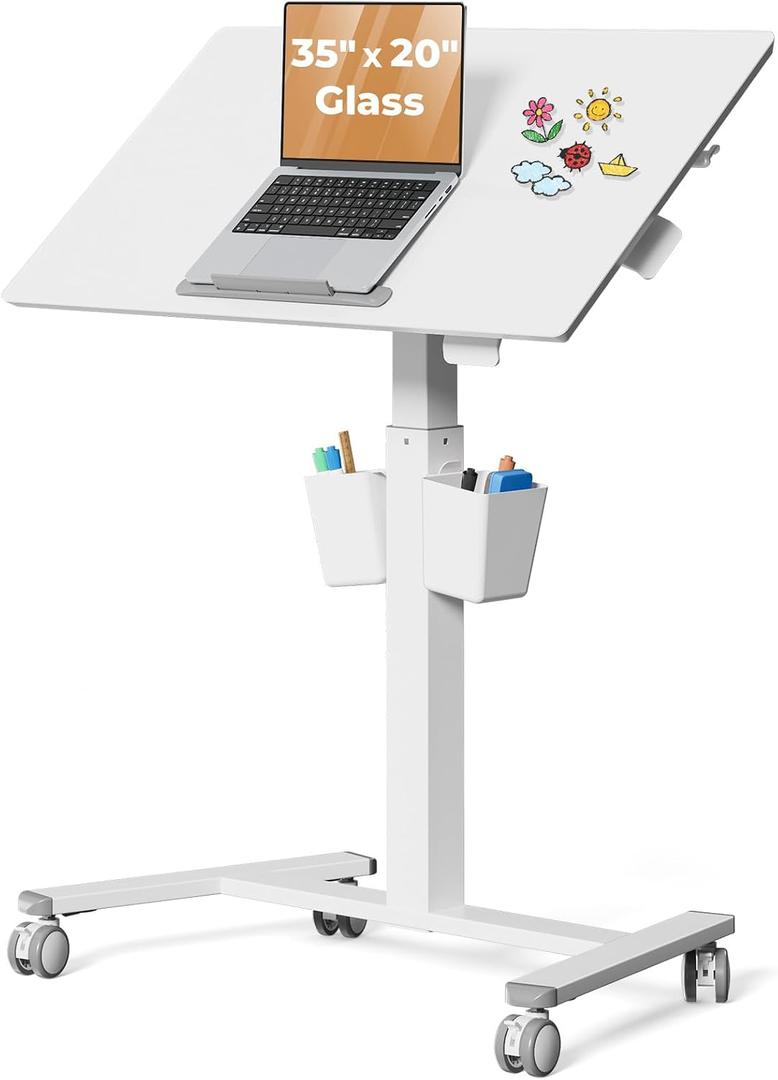 35" Small Glass Mobile Standing Desk, Portable Laptop Cart with Storage & 90 Tilt, Height Adjustable, Rolling Whiteboard on Wheels for Office Home School, White