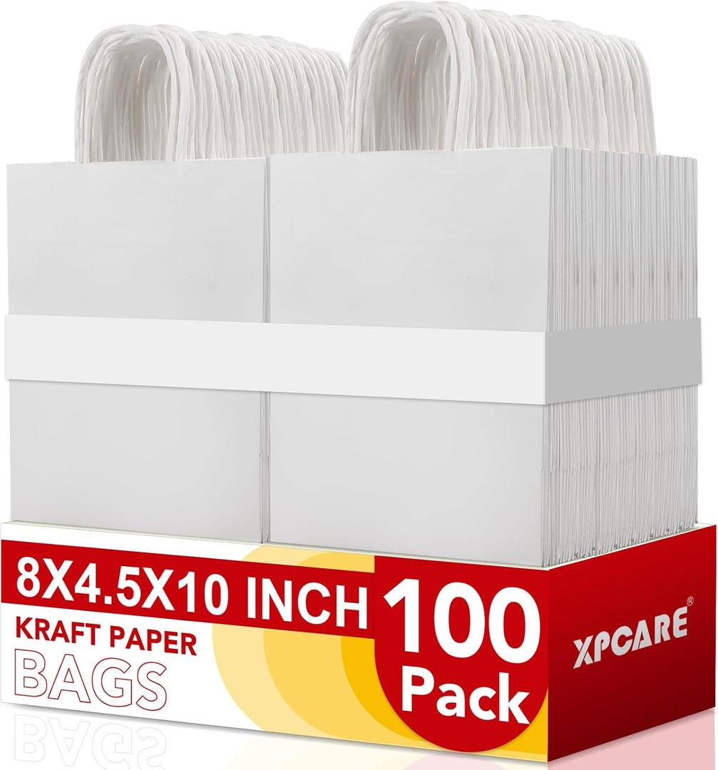 XPCARE 100Pack White Paper Bags 8x4.5x10 Inch, Plain Medium Paper Bags with Handles Bulk, Kraft Paper Gift, Retail, Party, Shopping Bag, Favor Bag, Whit