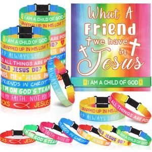 50 Sets Religious Friendship Bracelets with Christian Cards, Religious VBS Wristbands What a Friend We Have in Jesus Faith Christian Gifts for Kids Sunday School Church Activities