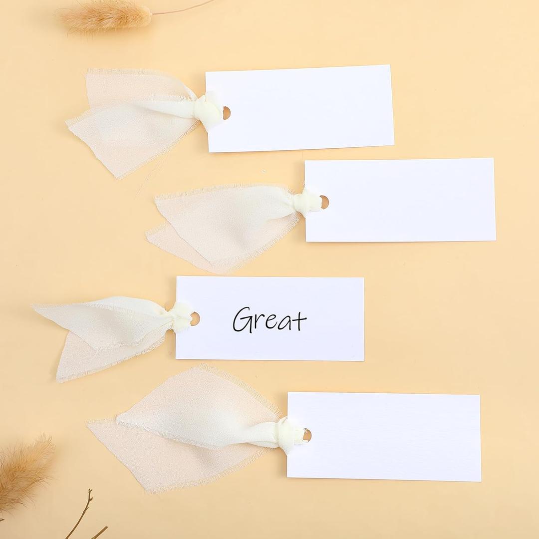 50PCS Place Cards for Table Setting, 3.5x1.6Inch Table Name Cards, 3 Rolls 5.5 Yardx1.6 Inch Beige Ribbon, Hanging Gift Tags for Formal Dinners, Birthday Parties, Weddings